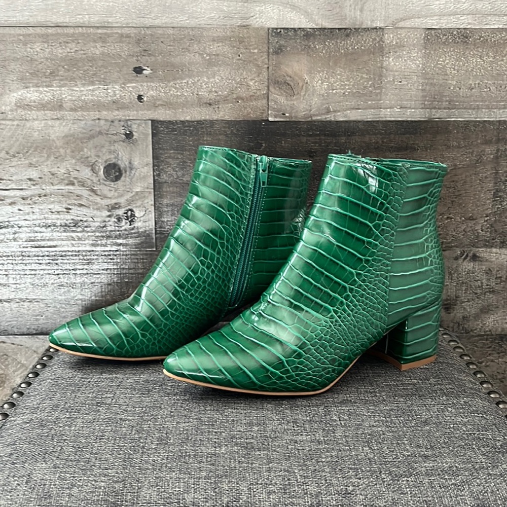 Green snakeskin booties